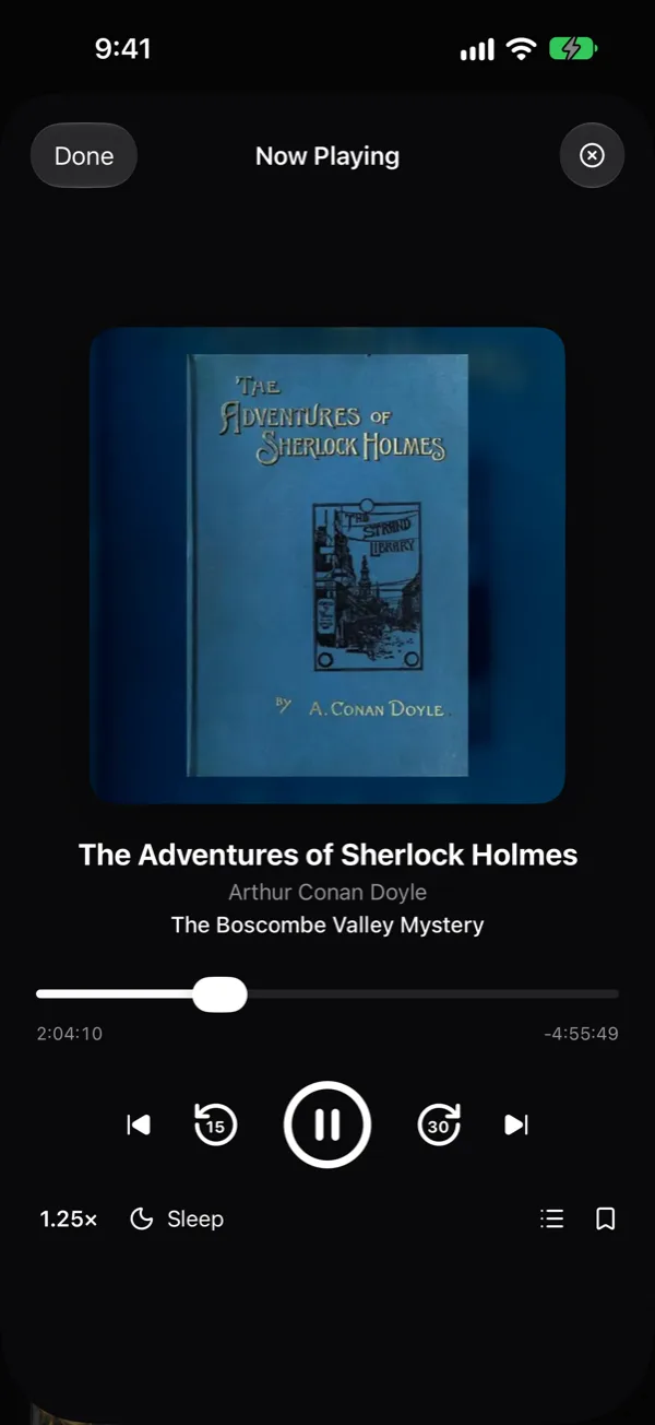 Now Playing for The Adventures of Sherlock Holmes, with speed and sleep timer controls.