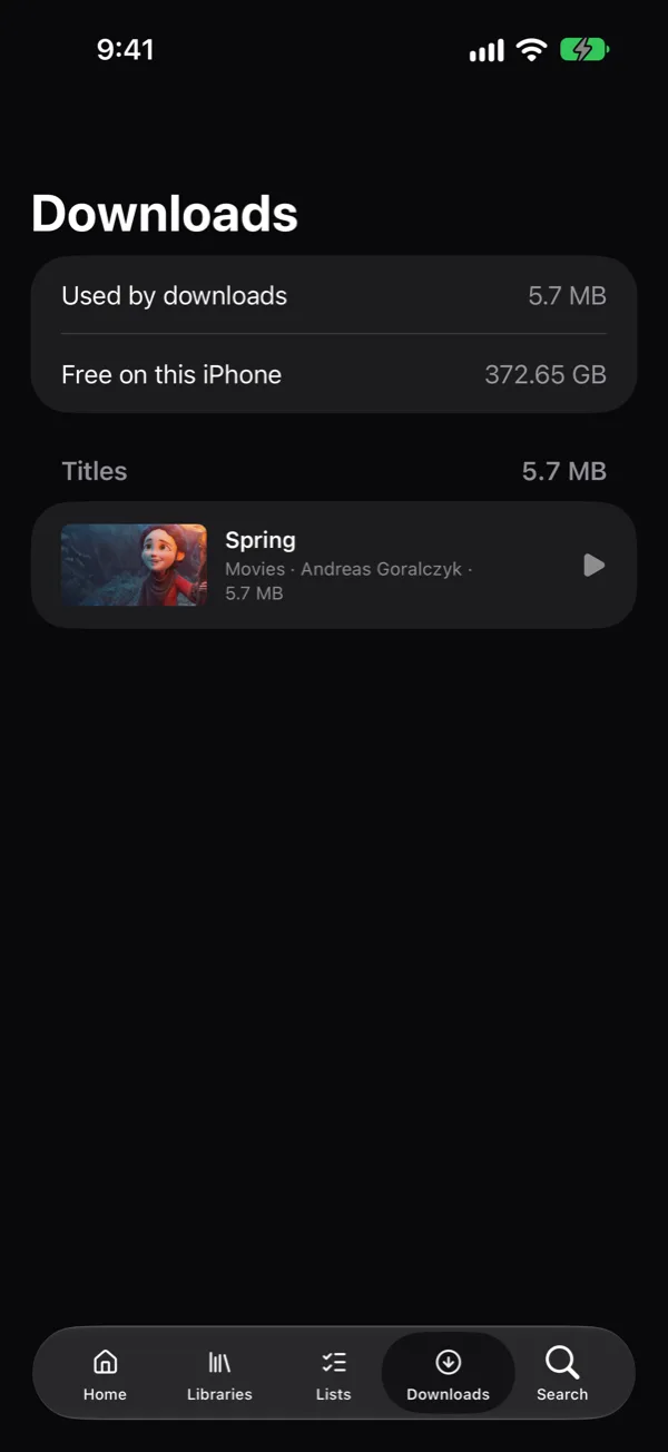 The Downloads screen showing storage used and a downloaded title.