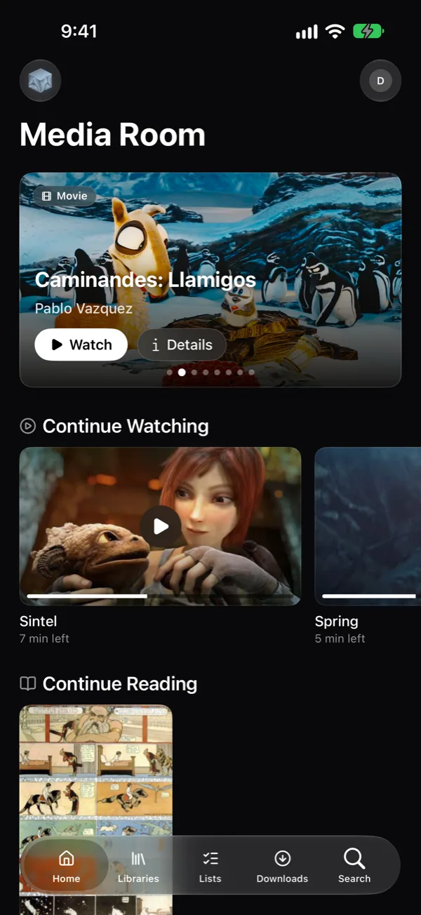 Plinthio on an iPhone: the home screen with a featured film and Continue Watching.