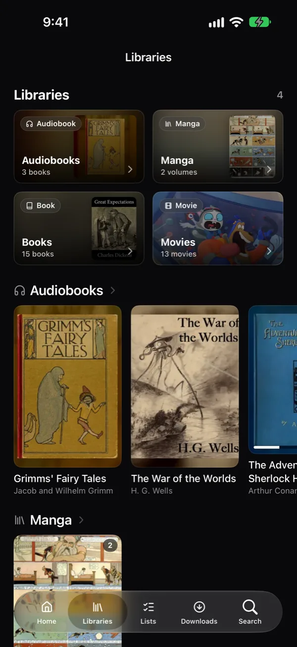 The Libraries screen with audiobooks, manga, books and movies.