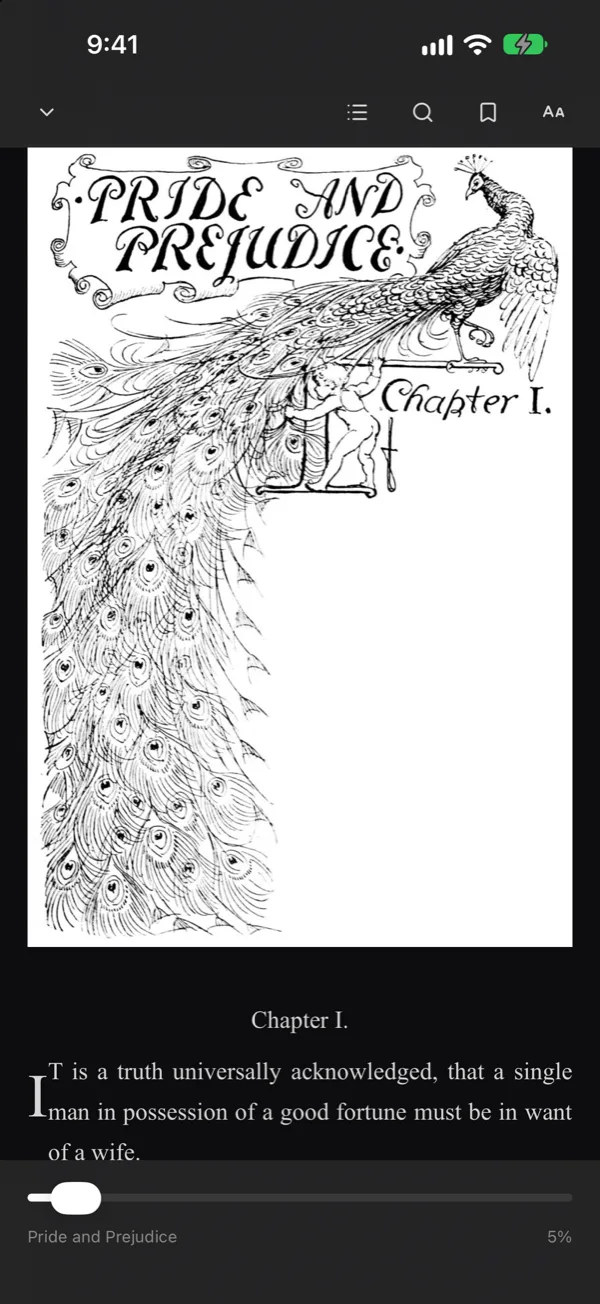 Pride and Prejudice open in the EPUB reader on an iPhone.