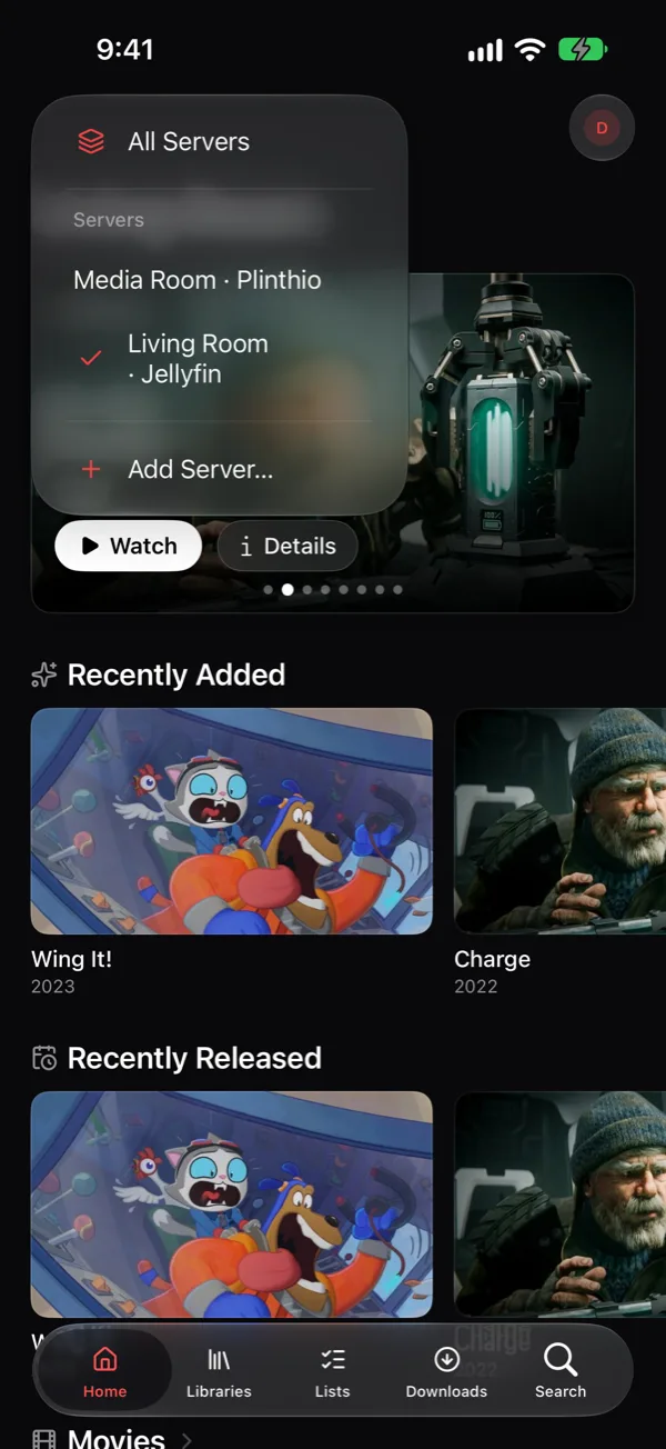 The server menu on an iPhone, listing a Plinthio server and a Jellyfin server.