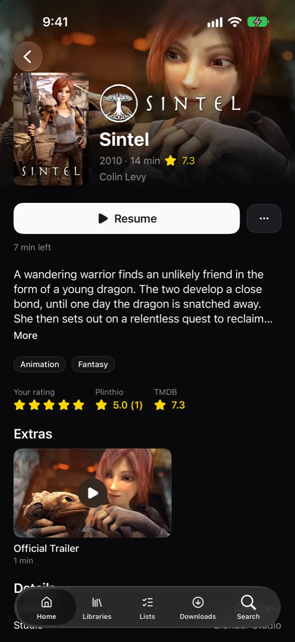 A film's page on an iPhone with a Resume button, ratings and extras.