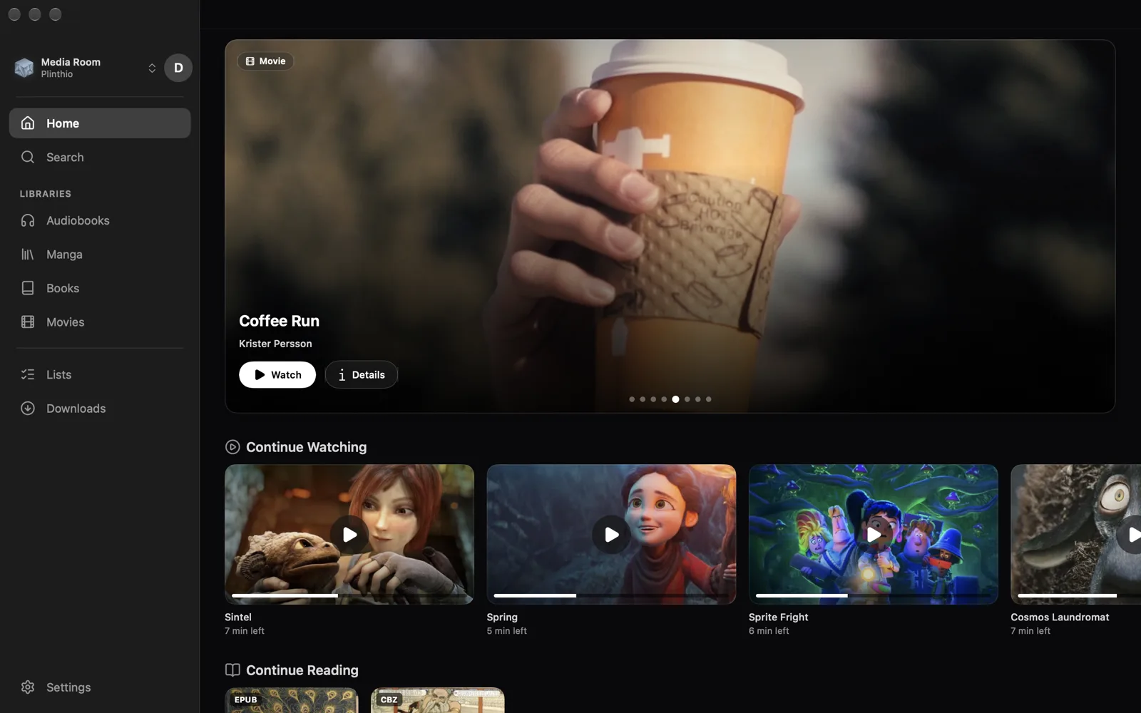 Plinthio on a Mac: the home screen with a featured film, Continue Watching and Continue Reading.