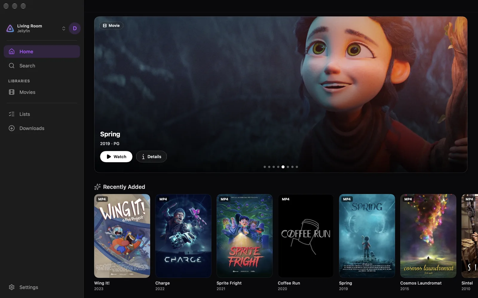 Plinthio for Mac connected to a Jellyfin server, showing a featured film and recently added movies.